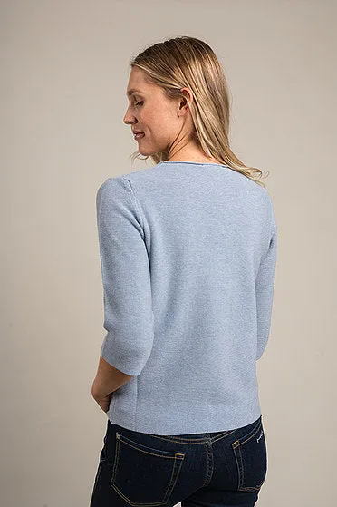 3/4 Sleeve Fitted Cotton Sweater - Denim Blue