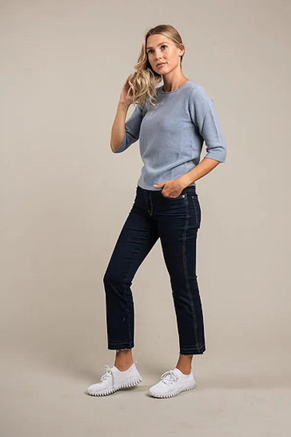 3/4 Sleeve Fitted Cotton Sweater - Denim Blue