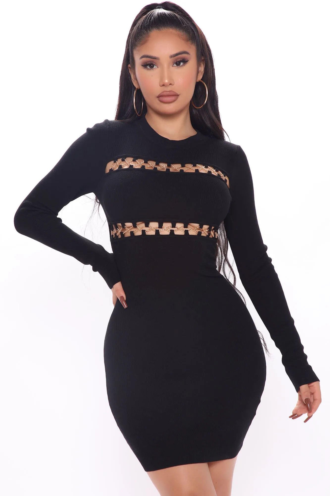 All Chained Up Sweater Mini Dress - Black