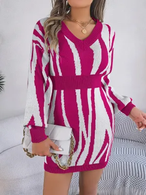 Animal Print V-Neck Long Sleeve Sweater Dress - 100% Acrylic, Moderate Stretch, Machine Washable