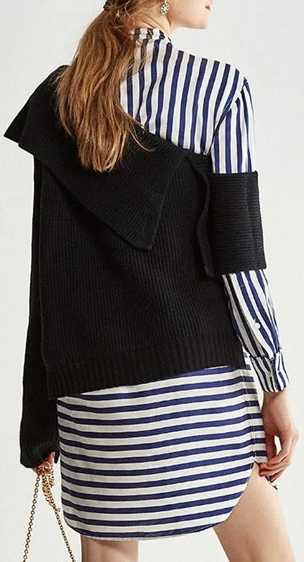 Asymmetrical Knit Sweater and Stripe Shirt-Dress