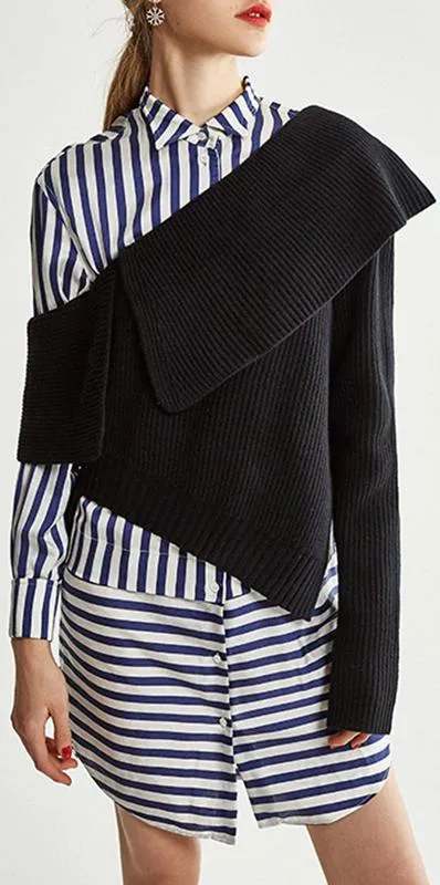Asymmetrical Knit Sweater and Stripe Shirt-Dress