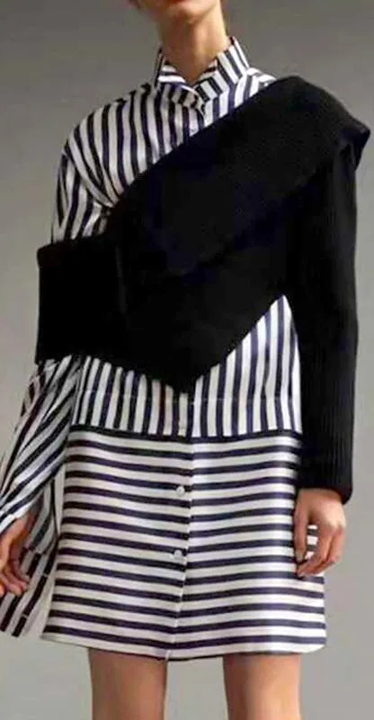 Asymmetrical Knit Sweater and Stripe Shirt-Dress
