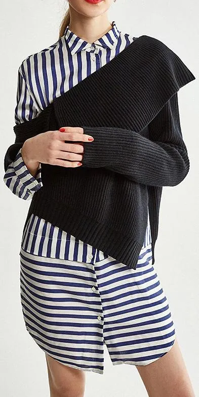 Asymmetrical Knit Sweater and Stripe Shirt-Dress
