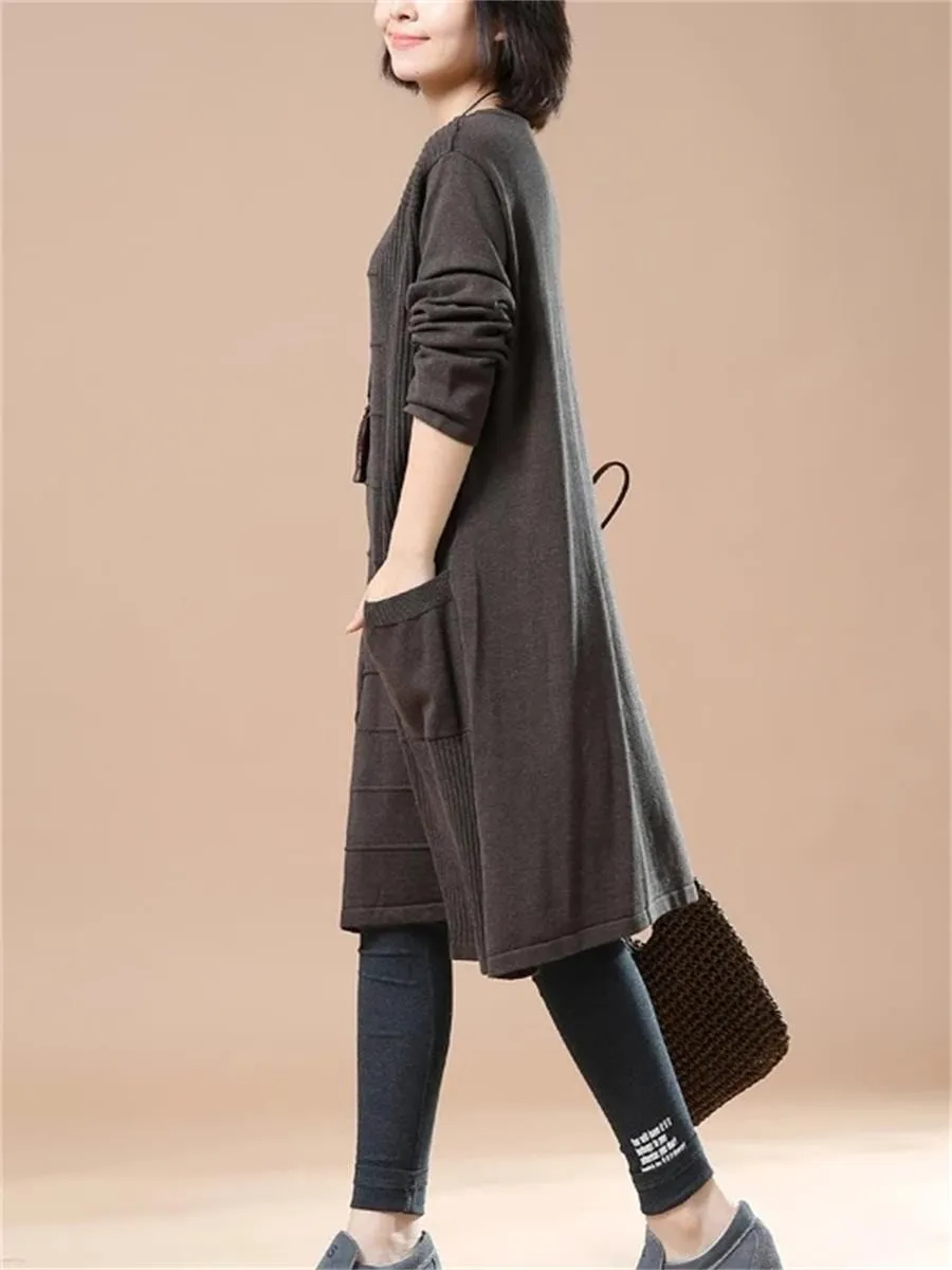Autumn And Winter Casual Solid Color Pocket Women'S Sweater Dress