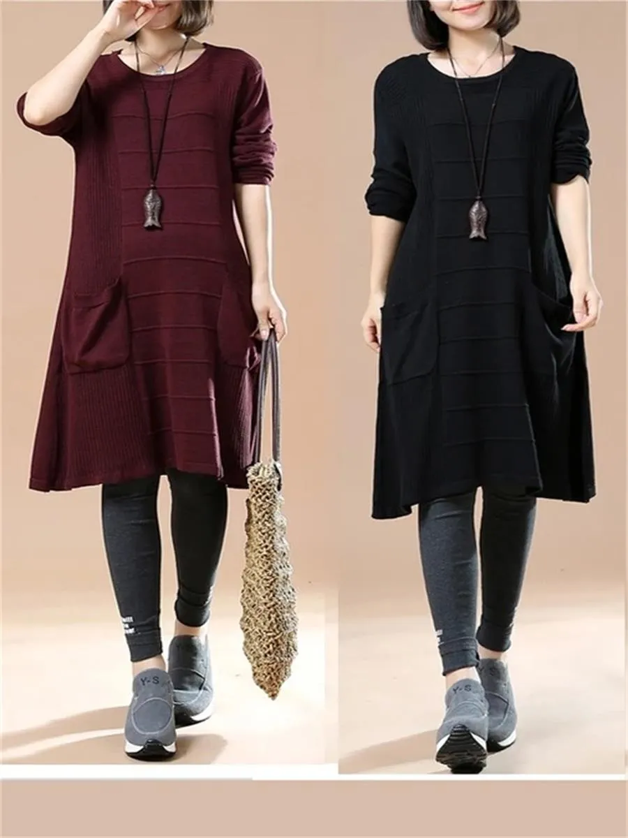 Autumn And Winter Casual Solid Color Pocket Women'S Sweater Dress