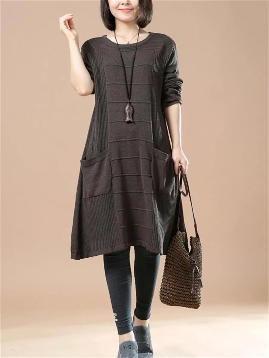 Autumn And Winter Casual Solid Color Pocket Women'S Sweater Dress