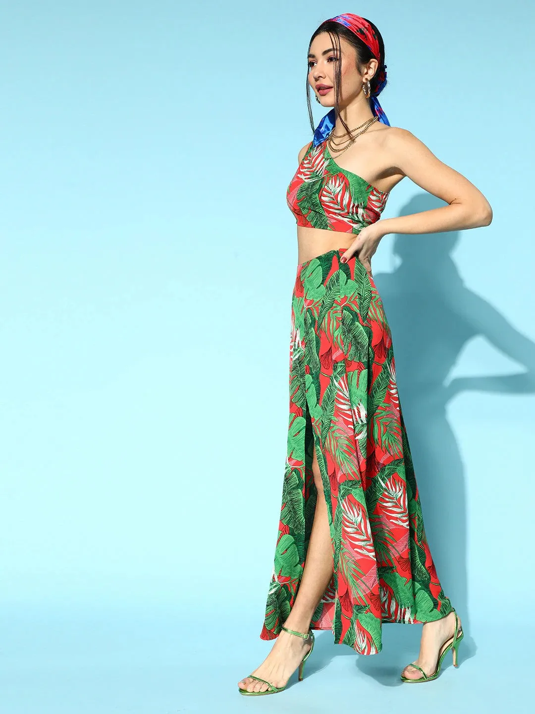 Berrylush Women Green & Red Floral Printed One-Shoulder Neck Thigh-High Slit Maxi Co-Ordinate Set