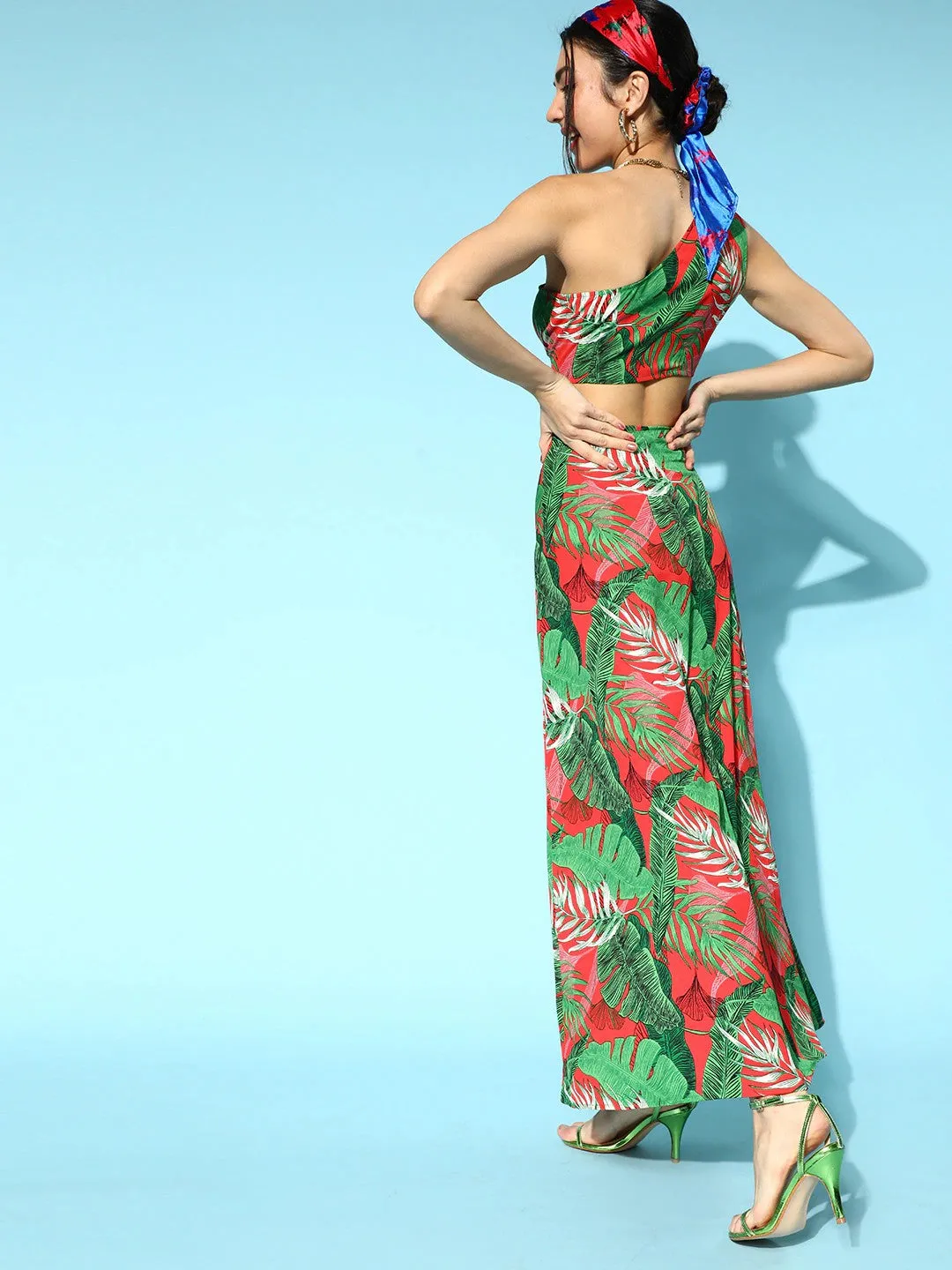 Berrylush Women Green & Red Floral Printed One-Shoulder Neck Thigh-High Slit Maxi Co-Ordinate Set