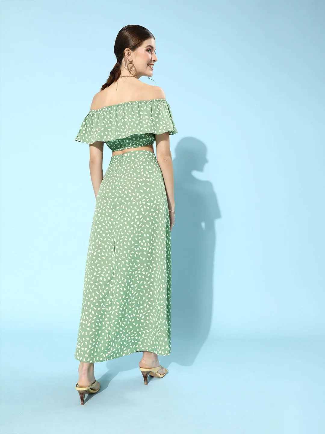 Berrylush Women Green & White Abstract Printed Off-Shoulder Two-Piece Maxi Dress