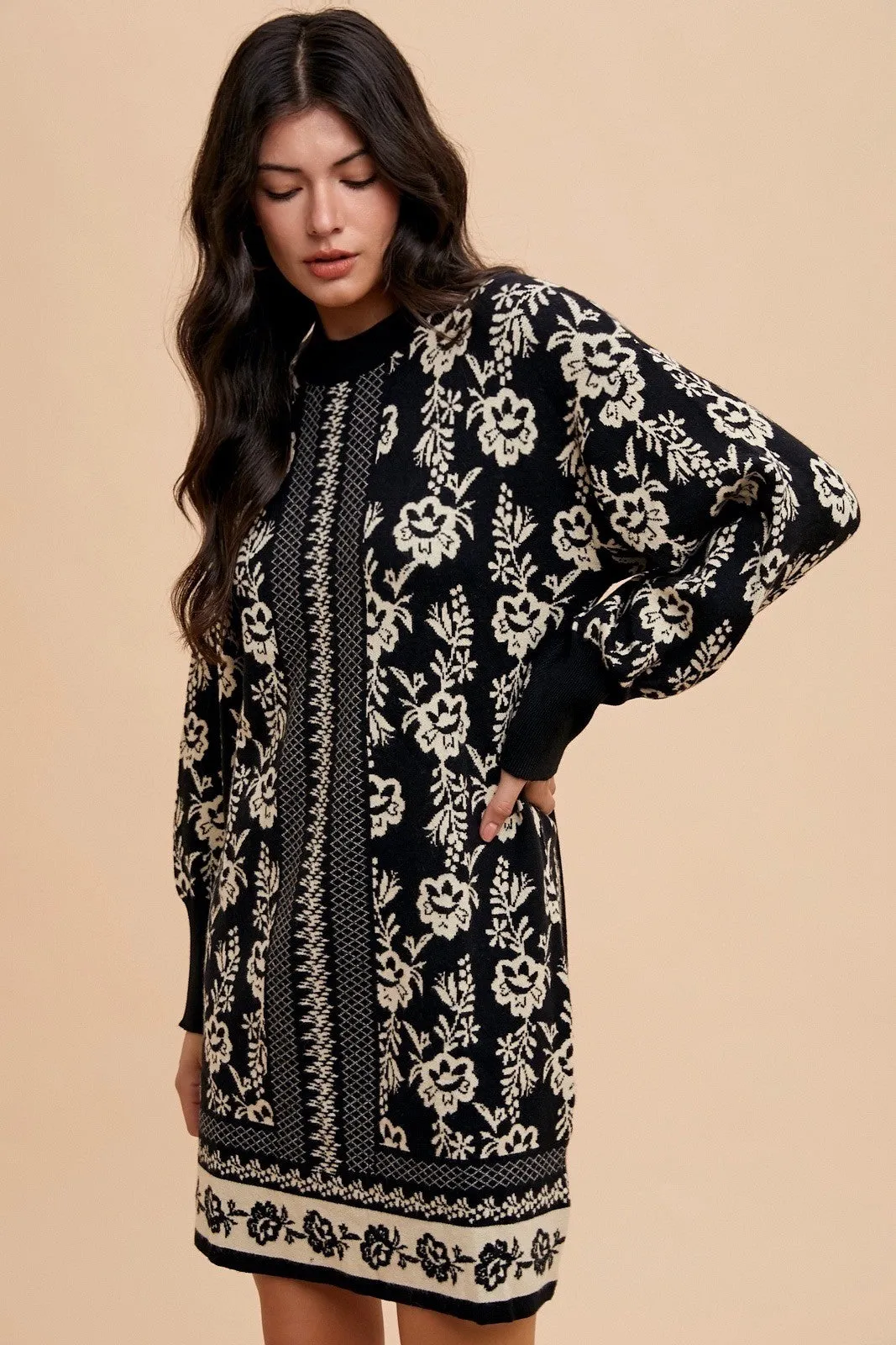 Blue Zone Planet |  Annie Wear Floral Jacquard Round Neck Sweater Dress