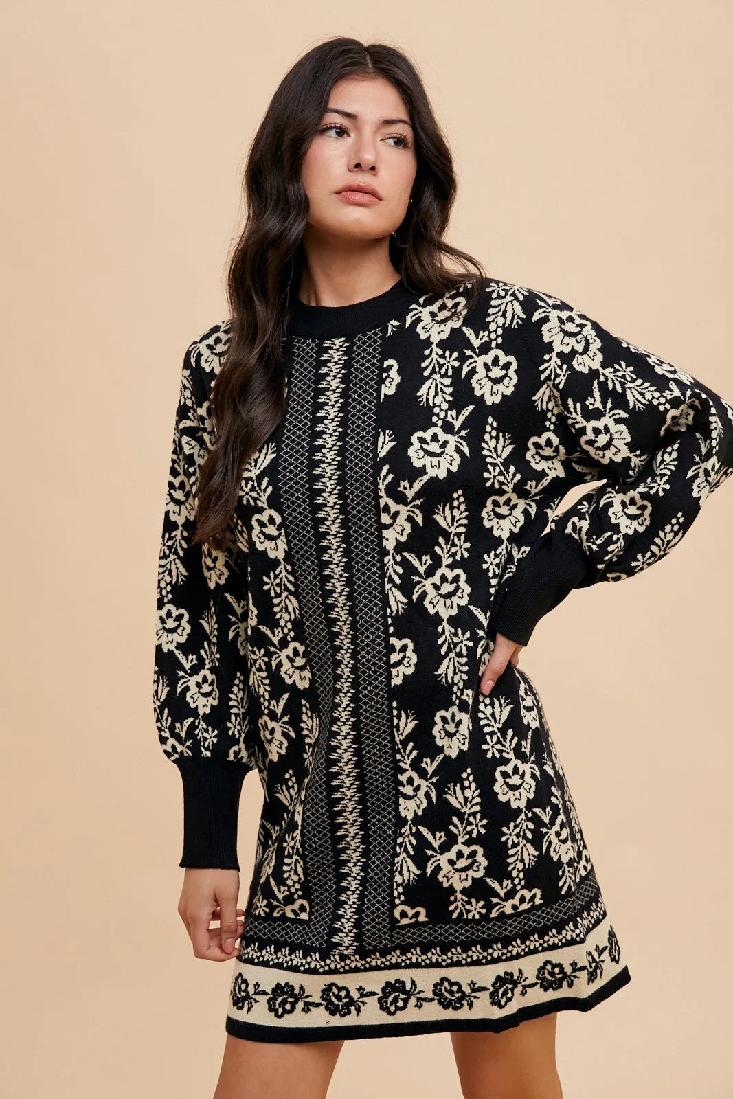 Blue Zone Planet |  Annie Wear Floral Jacquard Round Neck Sweater Dress