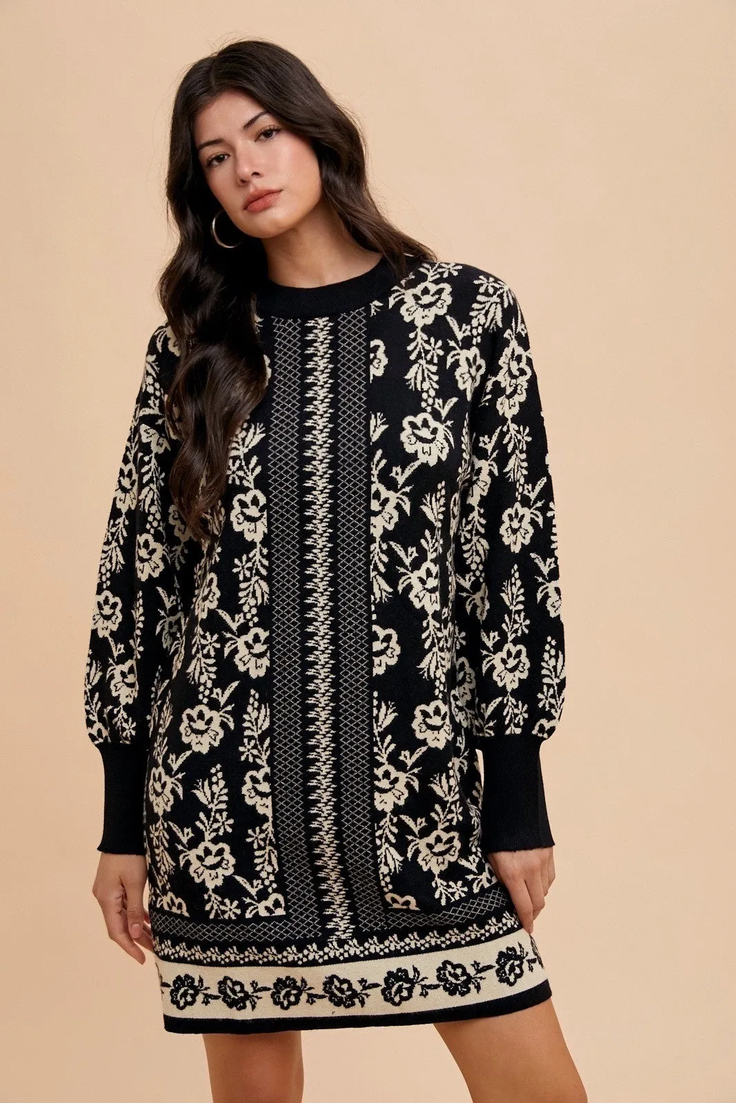 Blue Zone Planet |  Annie Wear Floral Jacquard Round Neck Sweater Dress