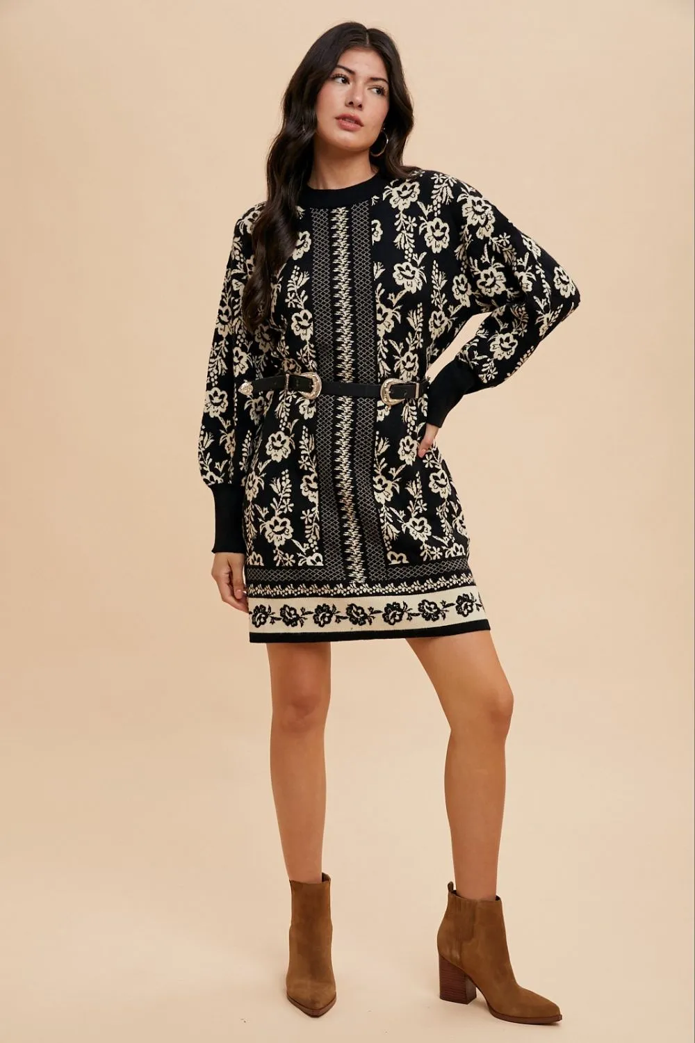 Blue Zone Planet |  Annie Wear Floral Jacquard Round Neck Sweater Dress