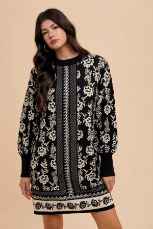 Blue Zone Planet |  Annie Wear Floral Jacquard Round Neck Sweater Dress