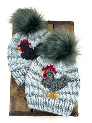Chicken Hat in Arctic Ice Beanie Wool Blend Womens Adult Hat Faux Fur Pom RTS