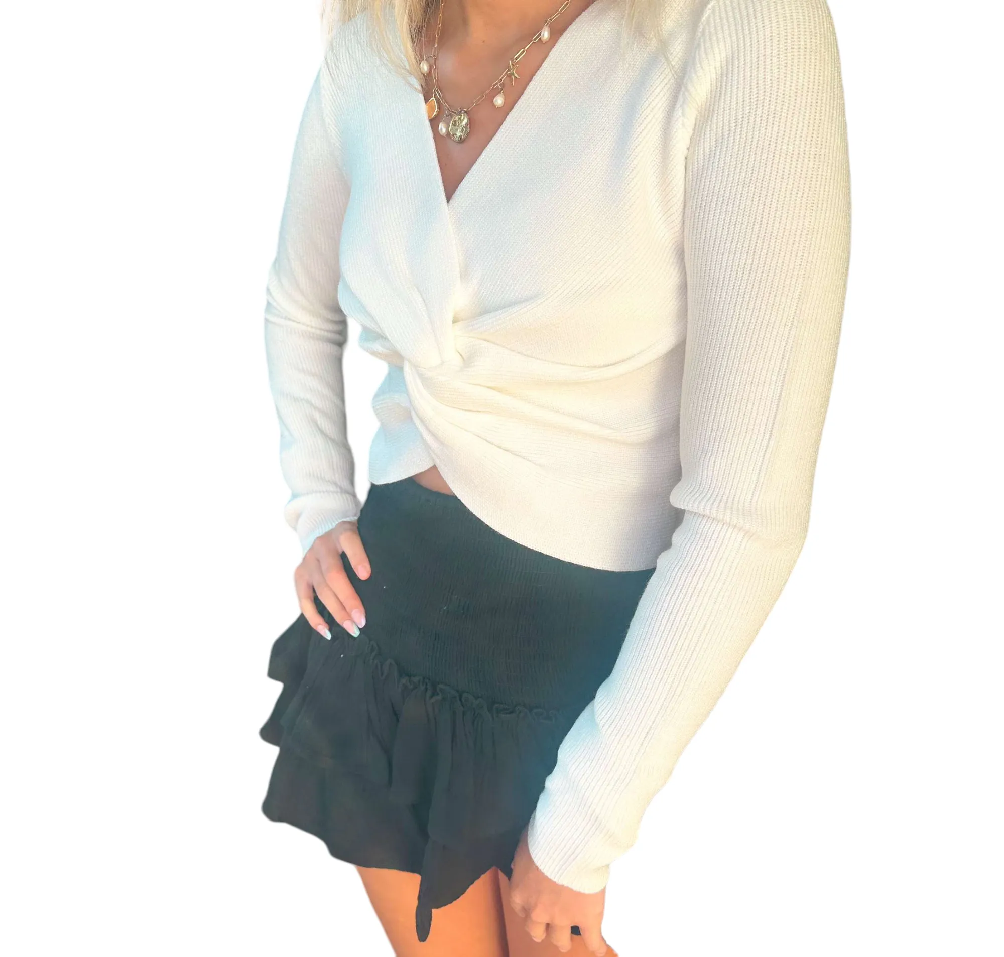 Cropped V-Neck Knotted Sweater in White