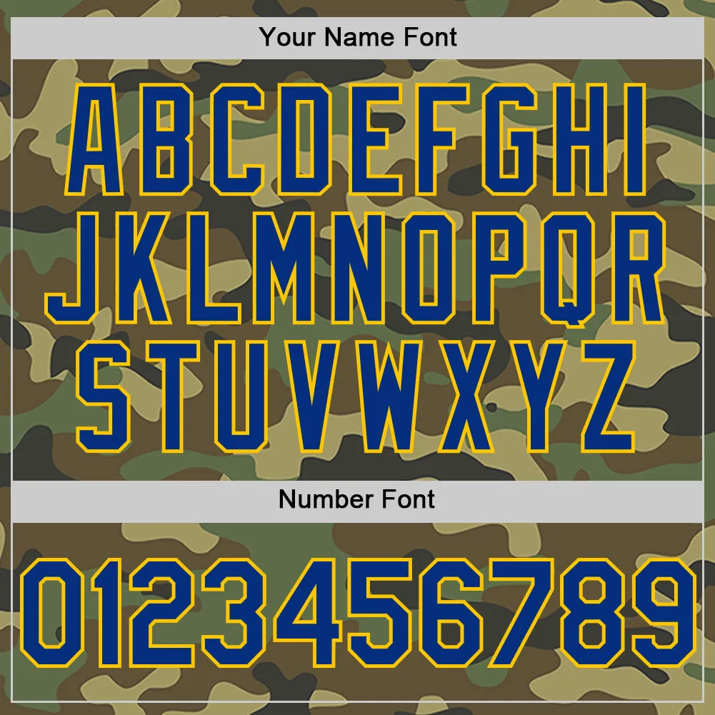 Custom Camo Royal-Yellow Bomber Full-Snap Varsity Letterman Salute To Service Hoodie Jacket