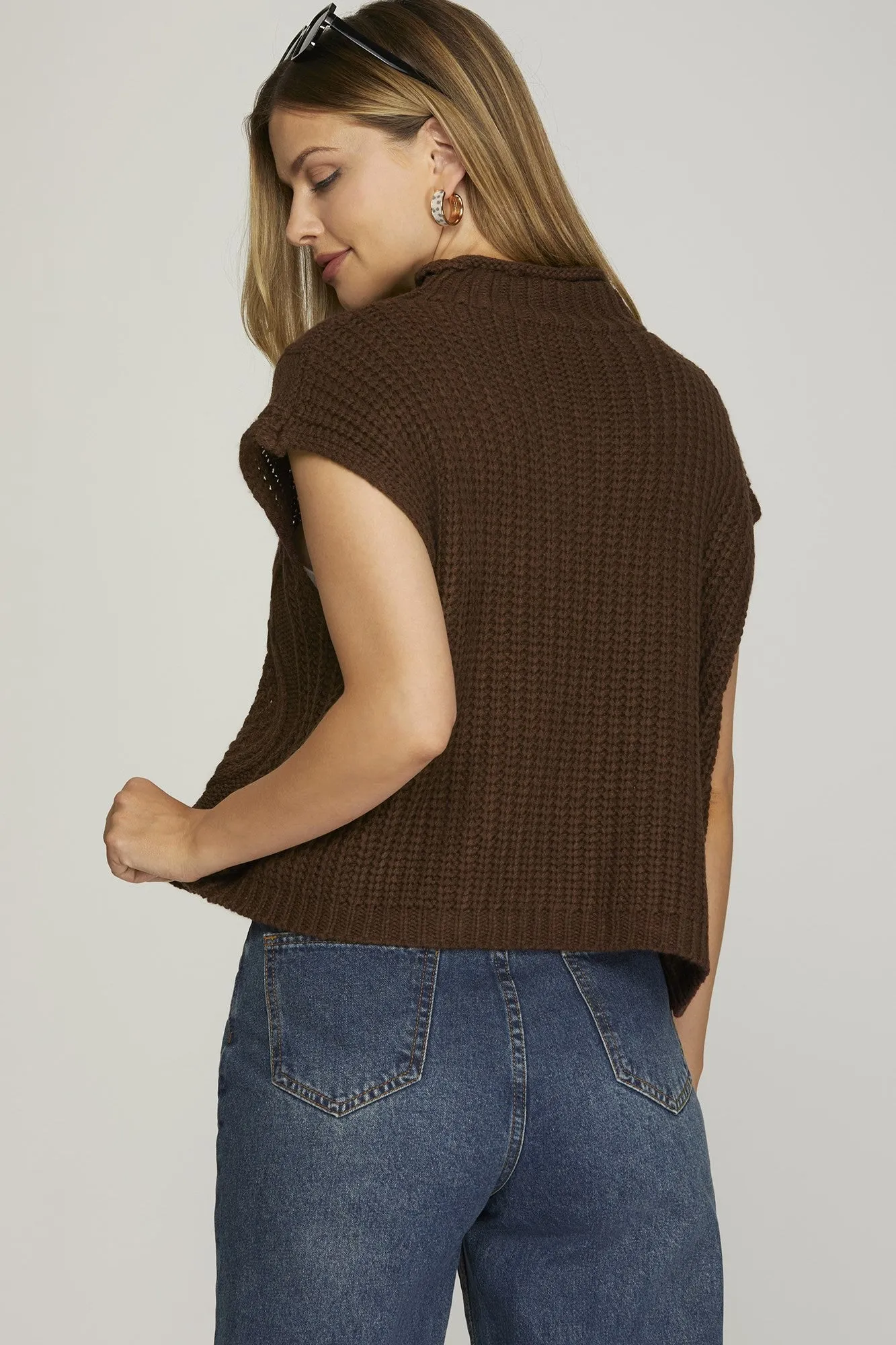 Drop Shoulder Sleeveless Mock Neck Cable Sweater