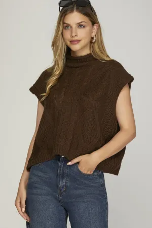 Drop Shoulder Sleeveless Mock Neck Cable Sweater