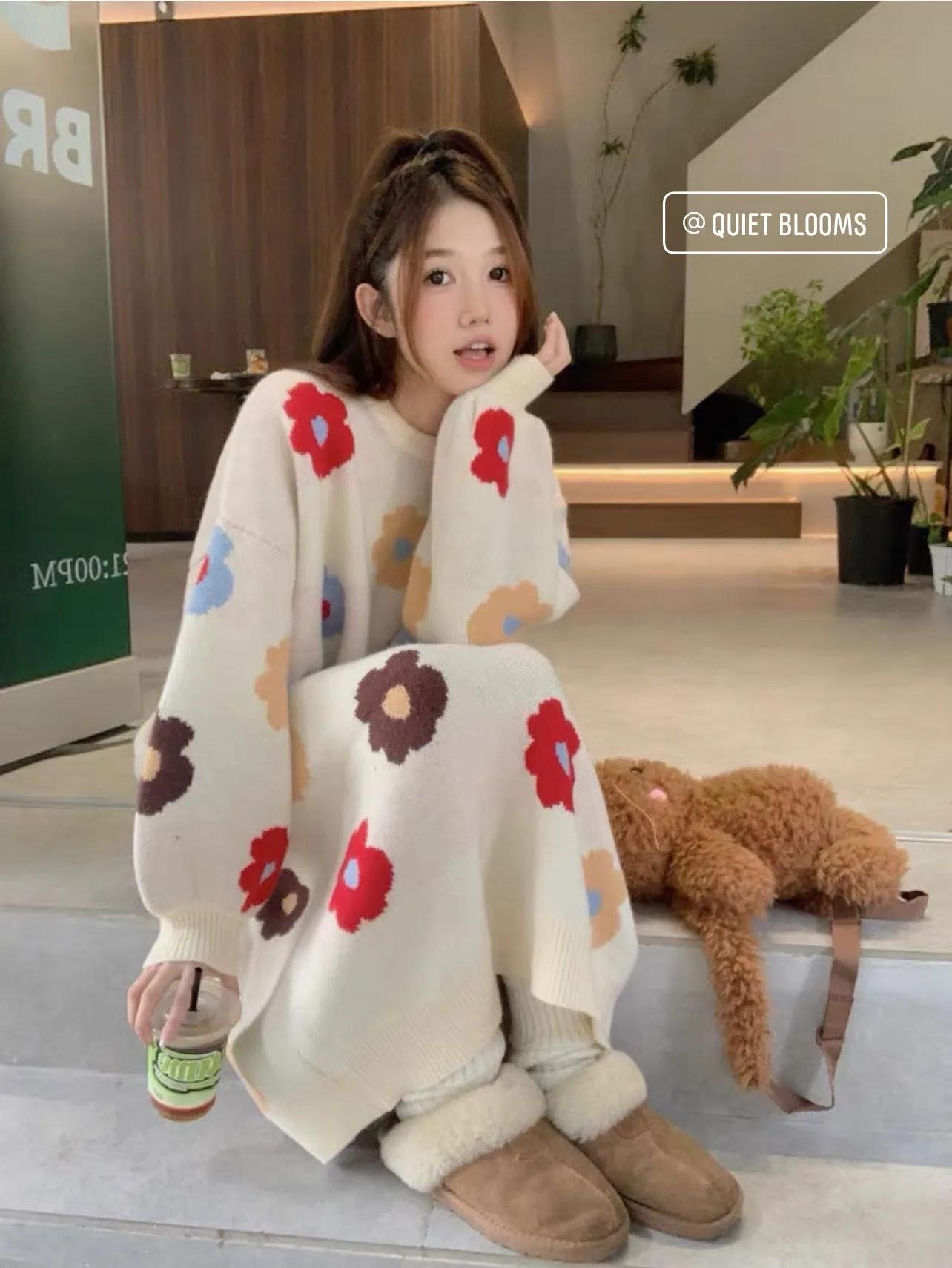 Flowers Knit Sweater Dress