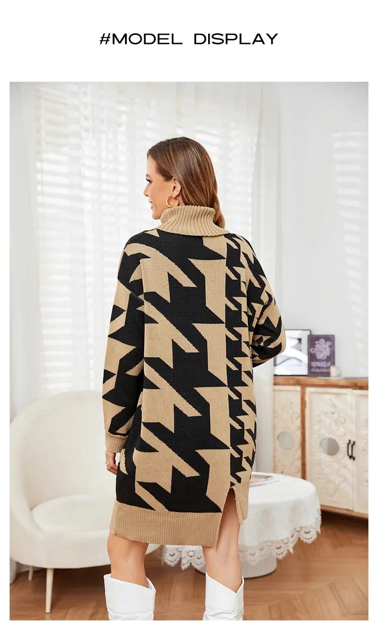 Houndstooth Turtleneck Midi Longline Sweater Dress