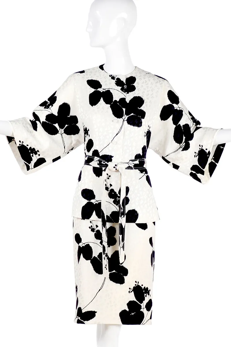 I Magnin 2 Piece Silk Vintage Dress w/ Black & Ivory Floral Print & Kimono Sleeves