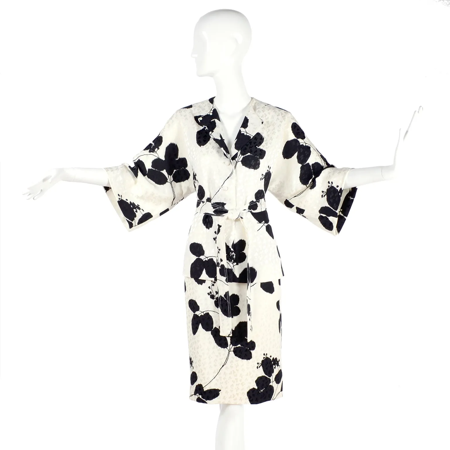I Magnin 2 Piece Silk Vintage Dress w/ Black & Ivory Floral Print & Kimono Sleeves