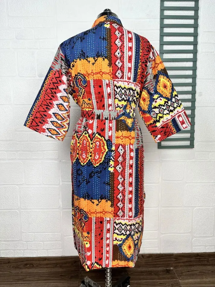 Kantha Pure Cotton Reversible Long Kimono Women Jacket Geometric Print Red Orange