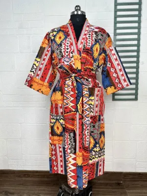 Kantha Pure Cotton Reversible Long Kimono Women Jacket Geometric Print Red Orange