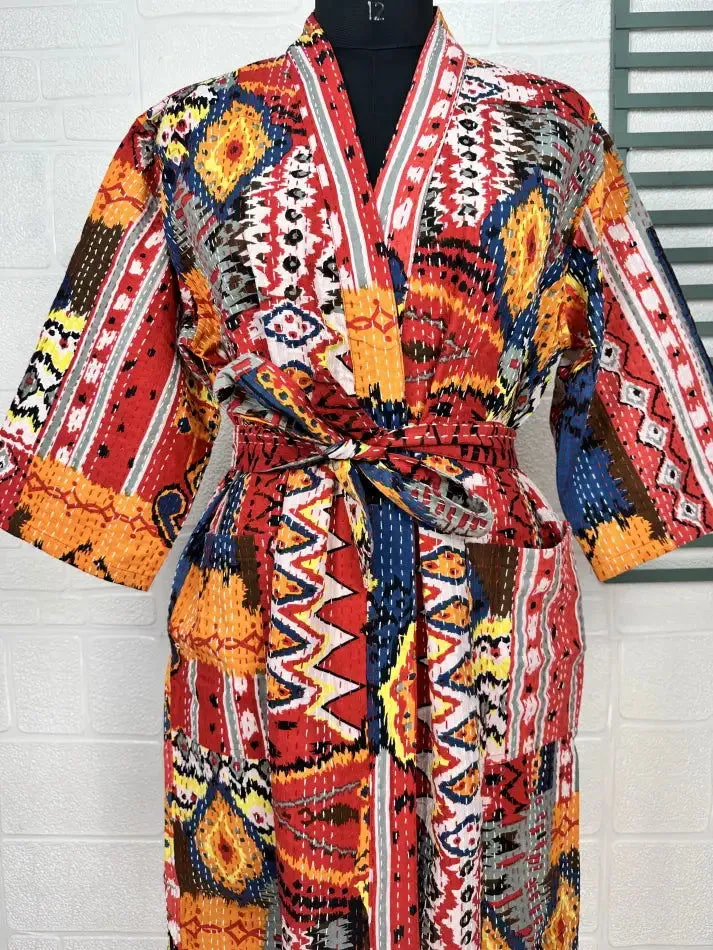 Kantha Pure Cotton Reversible Long Kimono Women Jacket Geometric Print Red Orange