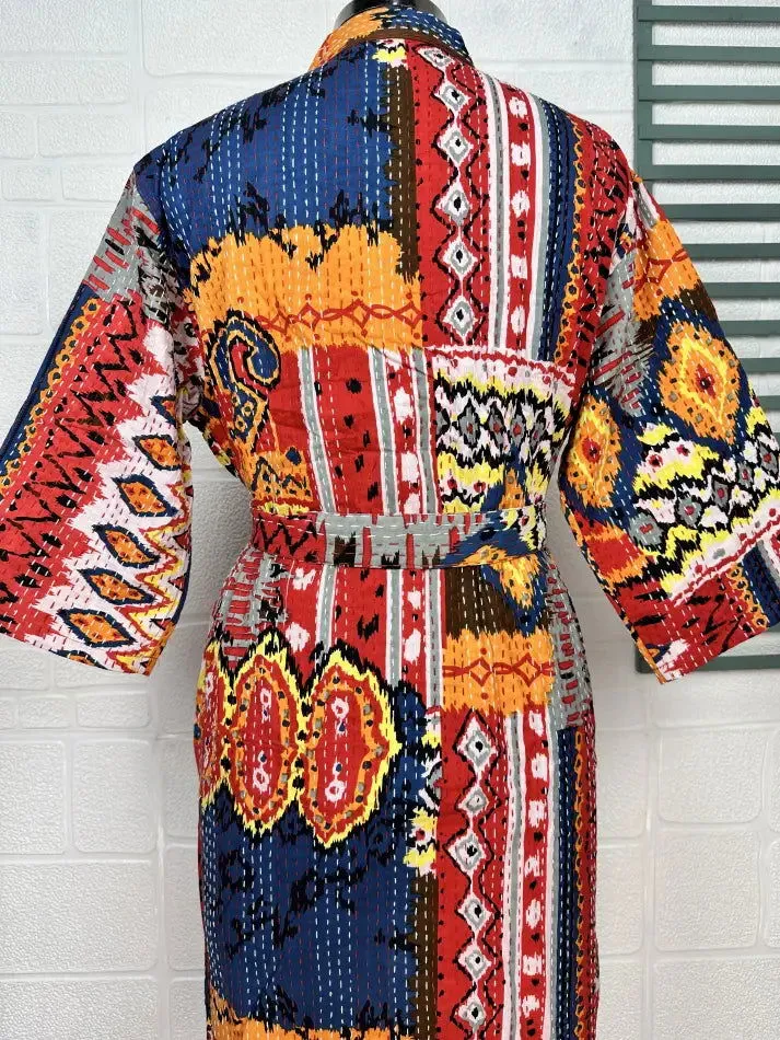 Kantha Pure Cotton Reversible Long Kimono Women Jacket Geometric Print Red Orange