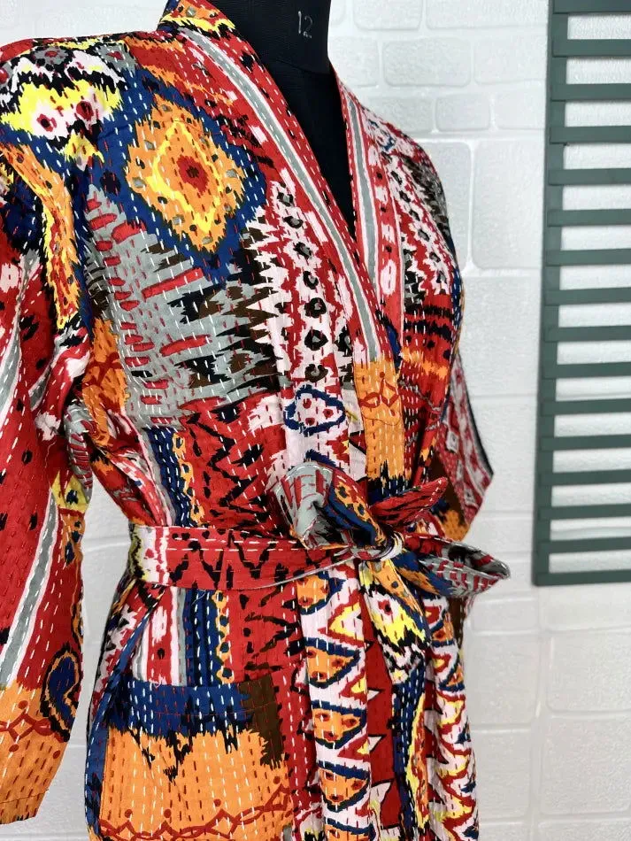 Kantha Pure Cotton Reversible Long Kimono Women Jacket Geometric Print Red Orange
