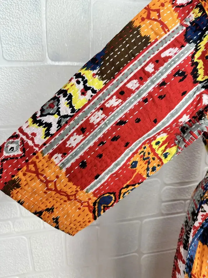 Kantha Pure Cotton Reversible Long Kimono Women Jacket Geometric Print Red Orange
