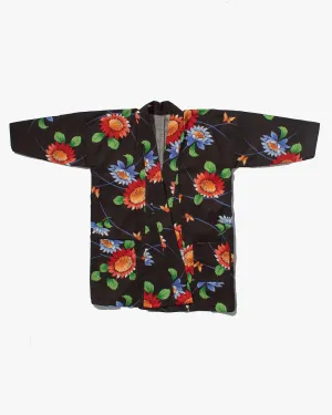 Kiriko Custom, Altered Yukata Jacket, Black with Red Sunflowers and Multi color Patterns
