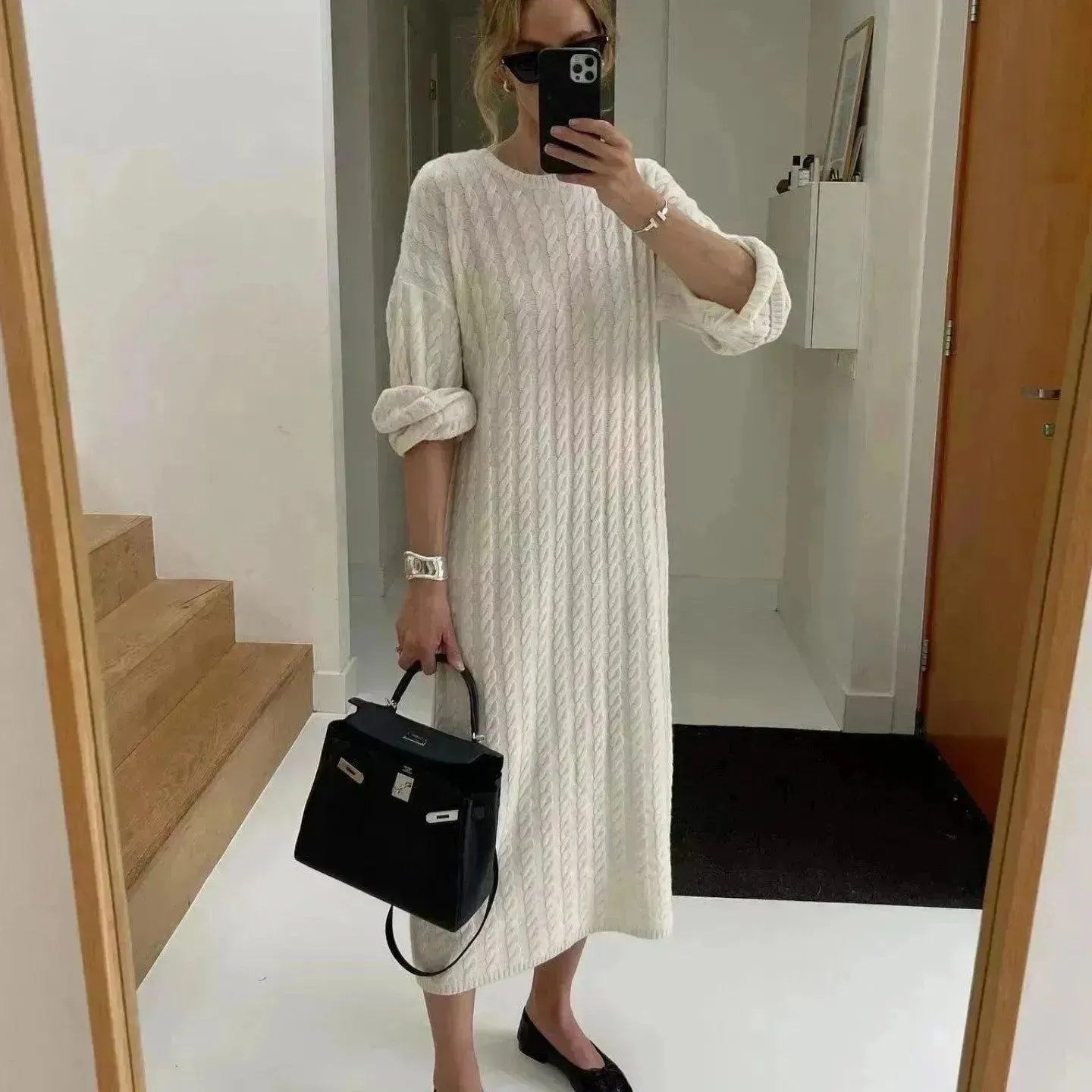Loose Woolen Midi Twisted Knitted Thick Winter sweater Dress