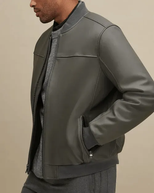 Mens Grey Leather Bomber Jacket
