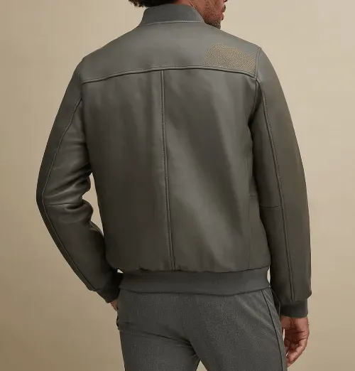 Mens Grey Leather Bomber Jacket
