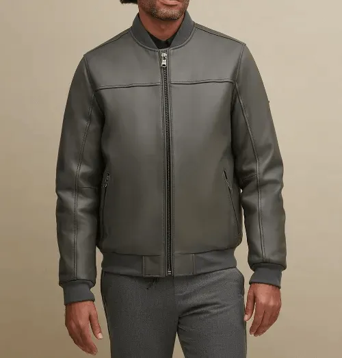 Mens Grey Leather Bomber Jacket
