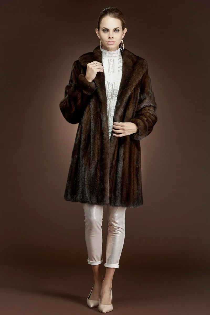 Mid-Length Mink Fur Coat - Shawl Collar - Turn Back Cuffs