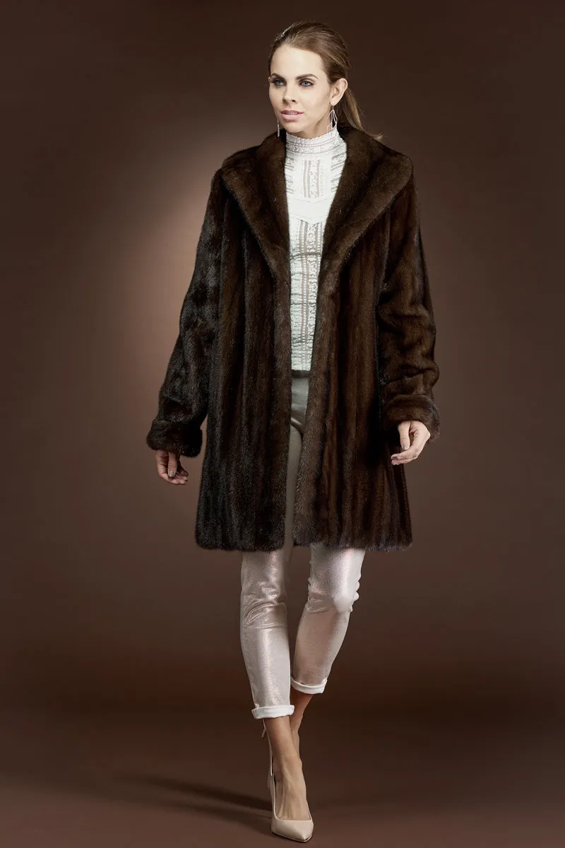 Mid-Length Mink Fur Coat - Shawl Collar - Turn Back Cuffs