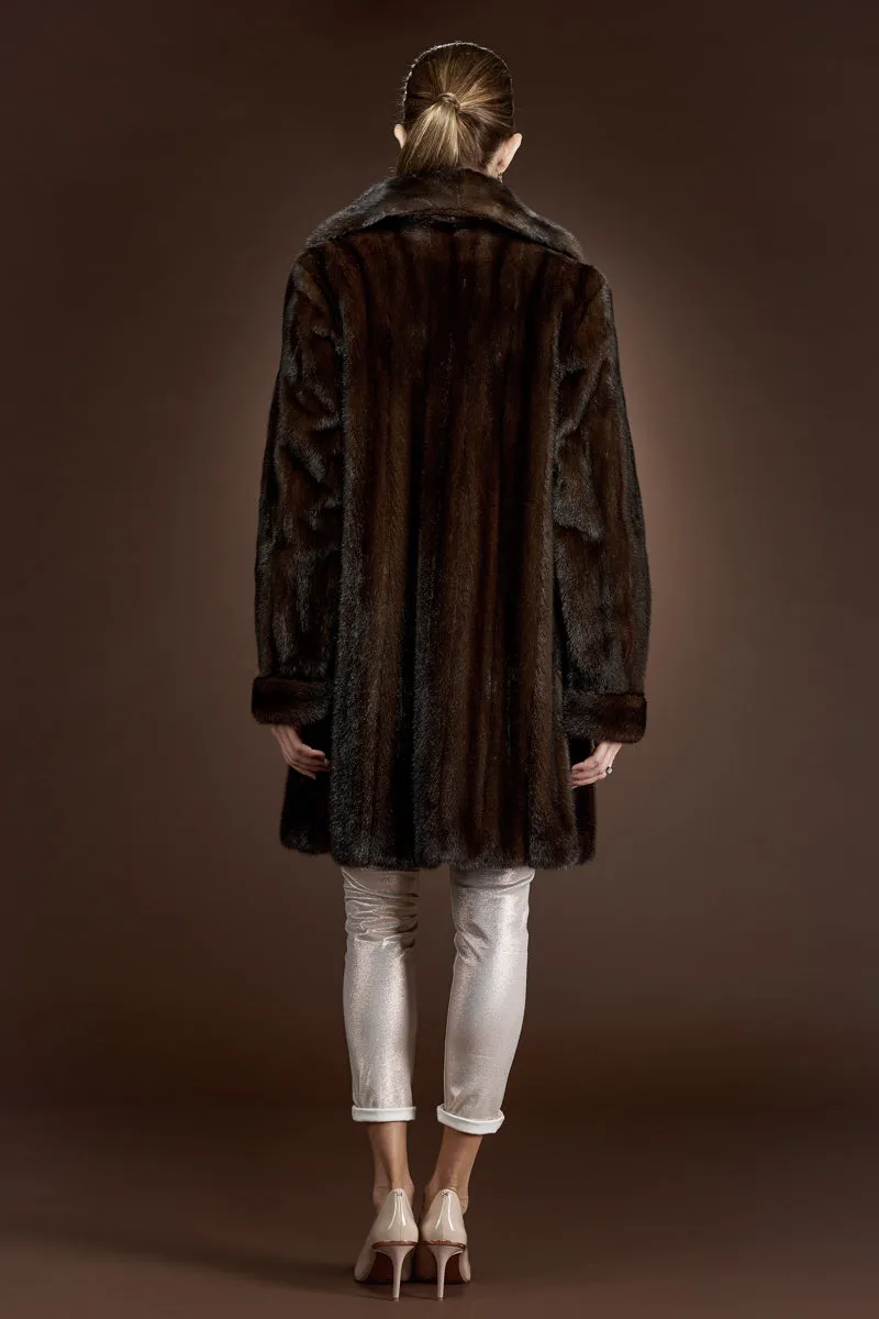 Mid-Length Mink Fur Coat - Shawl Collar - Turn Back Cuffs