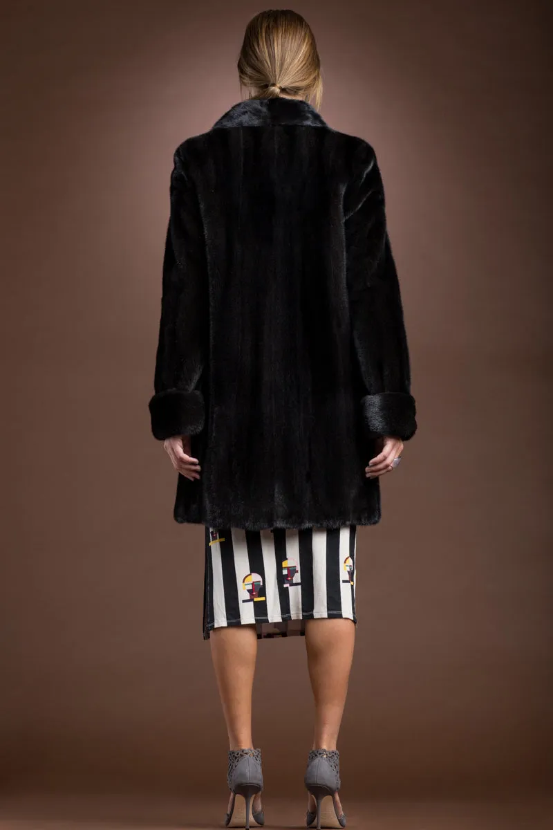 Mid-Length Mink Fur Coat - Shawl Collar - Turn Back Cuffs