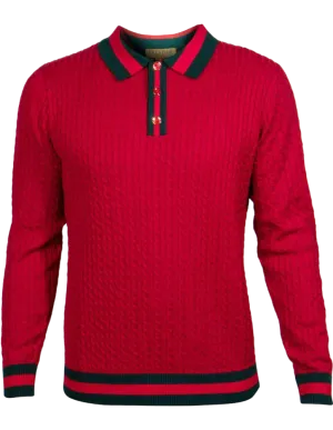 Prestige men's red polo sweater long sleeve green and red trim