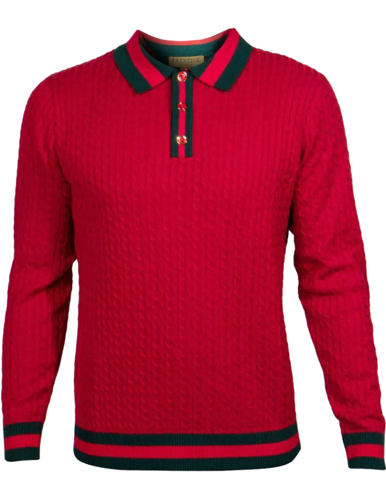 Prestige men's red polo sweater long sleeve green and red trim