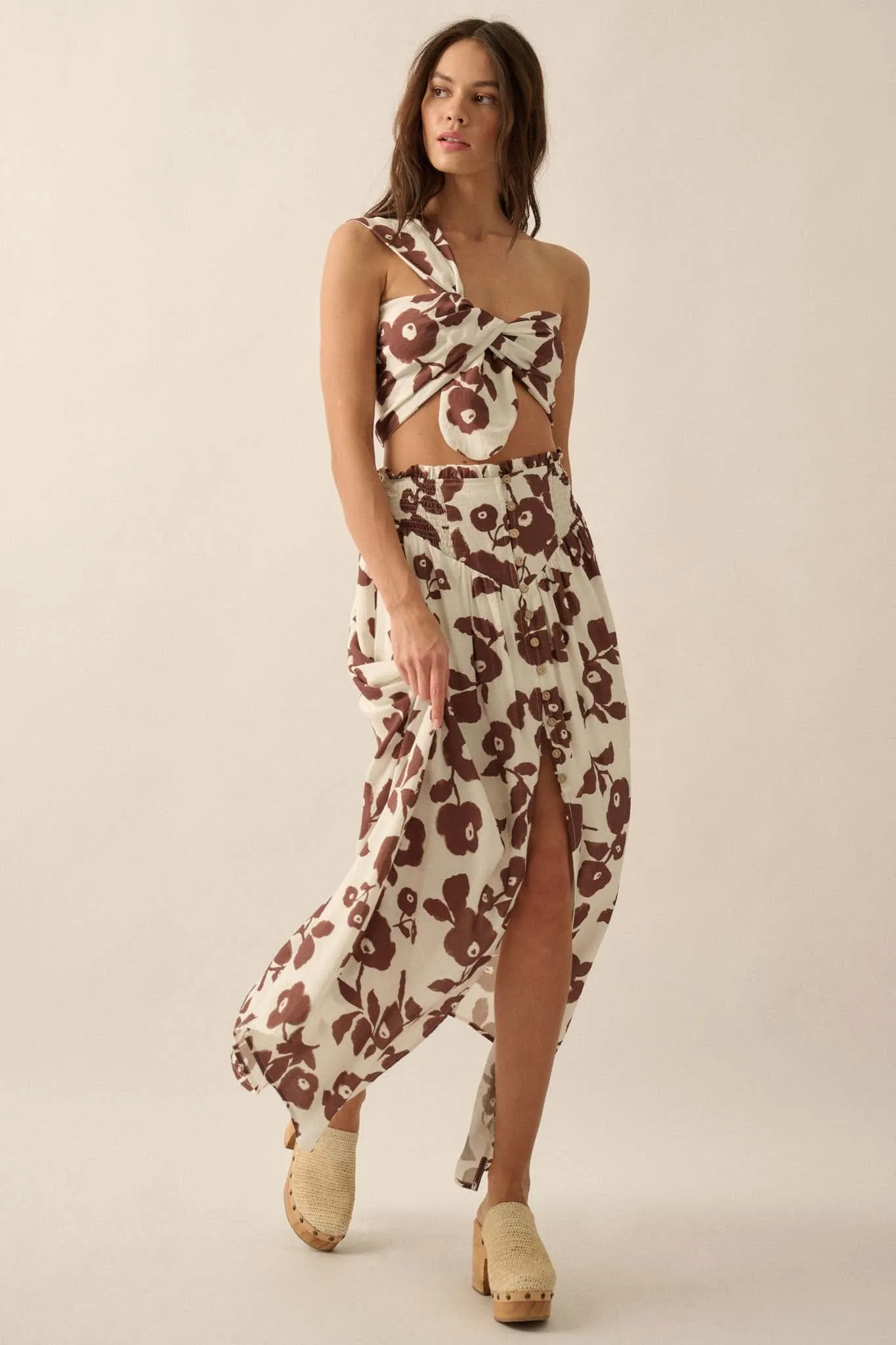Pretty Poppies Floral Button-Front Maxi Skirt