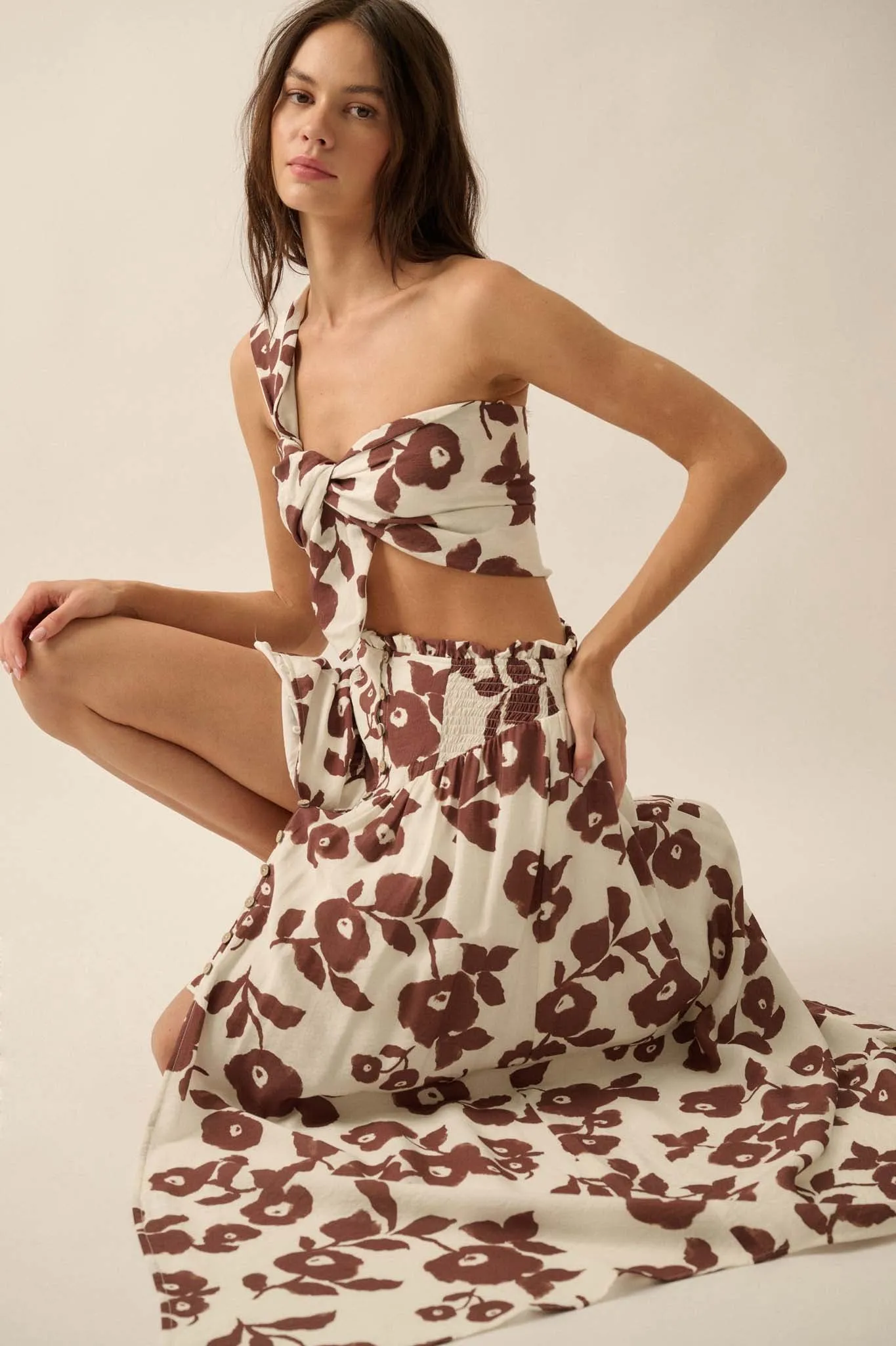 Pretty Poppies Floral Button-Front Maxi Skirt
