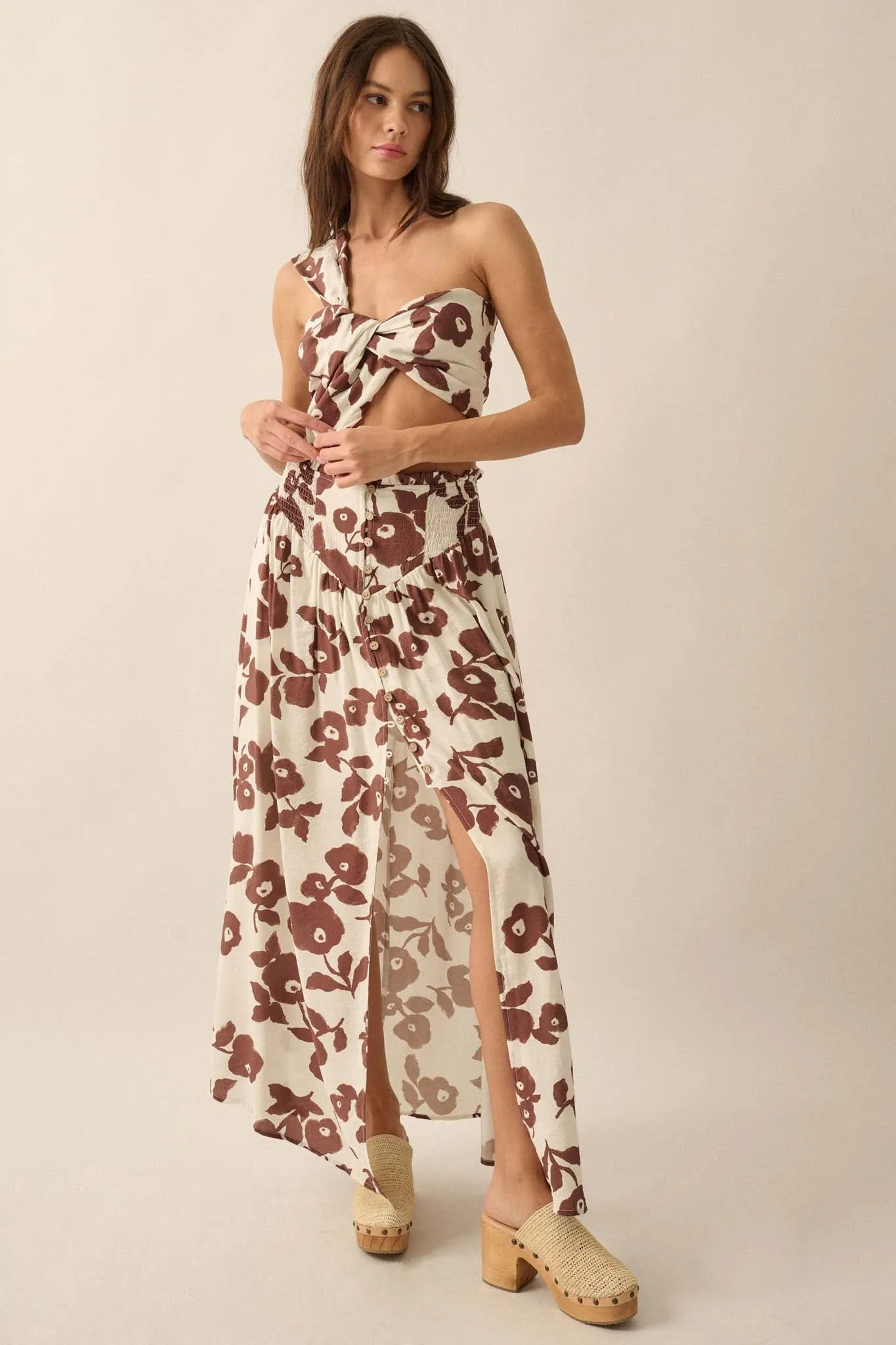 Pretty Poppies Floral Button-Front Maxi Skirt