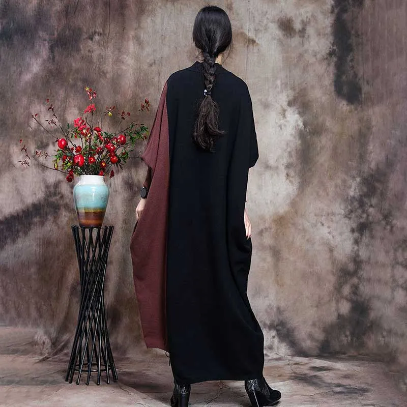 Retro Contrast Color Loose Bat Sleeve Women'S Sweater Dress