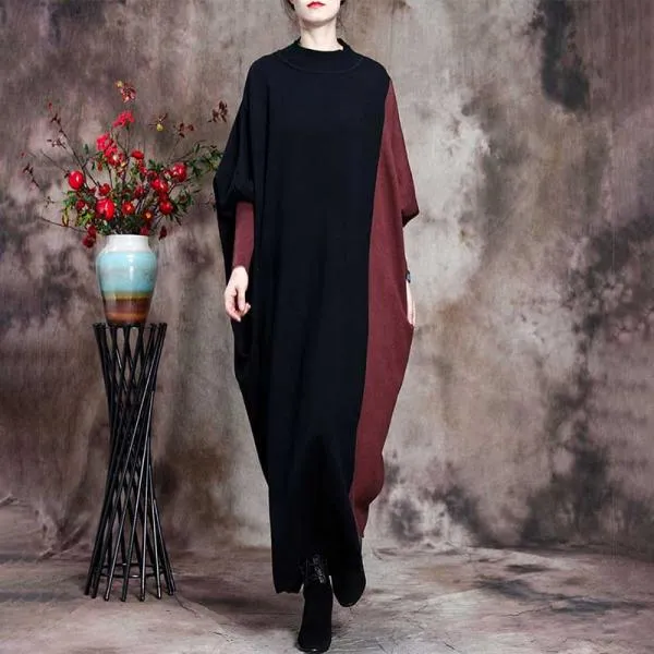 Retro Contrast Color Loose Bat Sleeve Women'S Sweater Dress